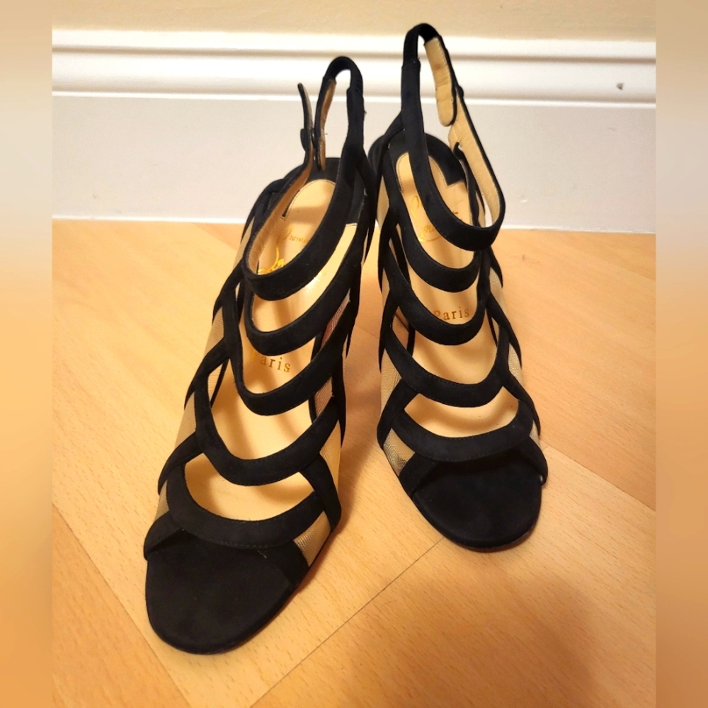 Christian Louboutin Black and Gold Strappy Slingback Heels